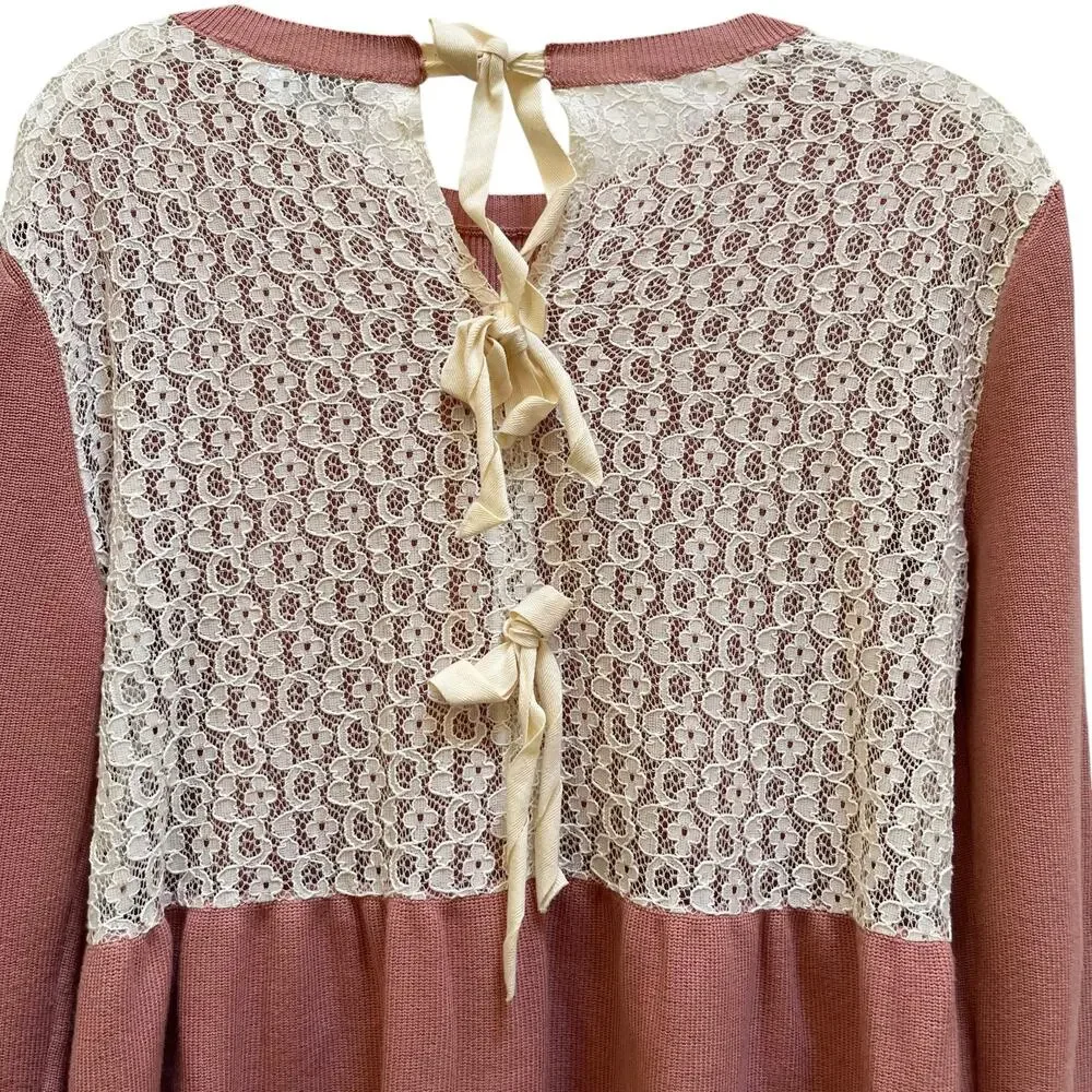 Red Valentino Mauve Rose Lace Tie Back Long Sleeve Top Size Small